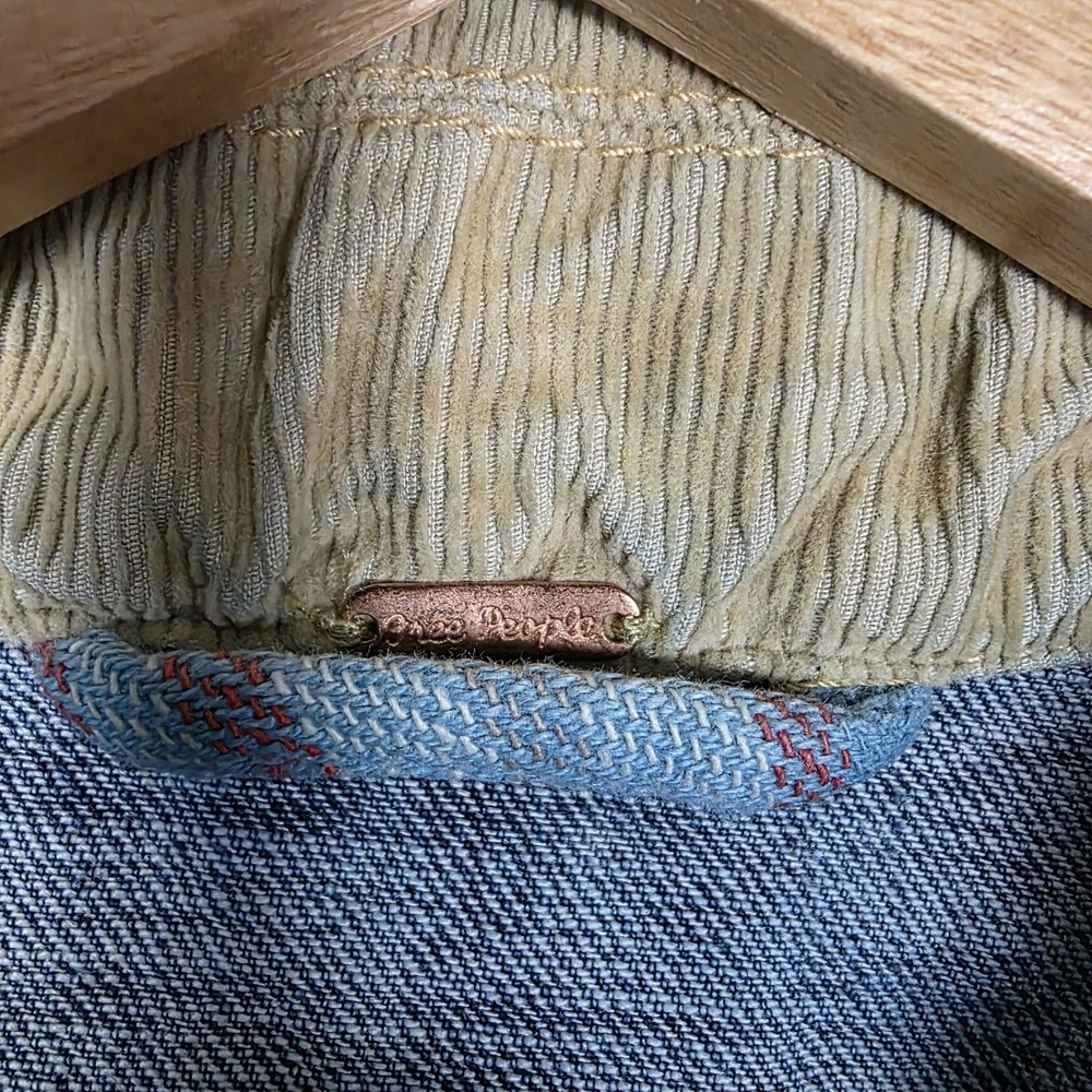 Free People L Sirius Upcycled Denim Plaid Jacket Crochet Evil Eye Jean Flannel - Picture 4 of 12
